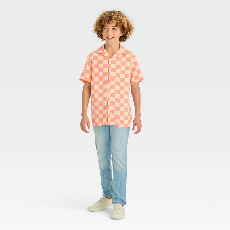 Boys' Short Sleeve Checkered Button-Down Shirt - Cat & Jack™ Peach Orange, 4 of 7