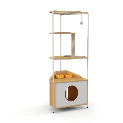 phiestina Corner Cat Tower, Cat Tree with Scratching Post, Cat Condo with Feeding Station and Climbing Platforms, Indoor Pet Furniture