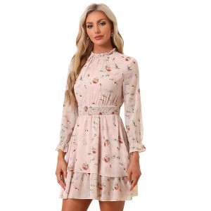 INSPIRE CHIC Women's Floral Long Sleeve Mock Neck Ruffle Layered Smocked Mini Dress - 1 of 4