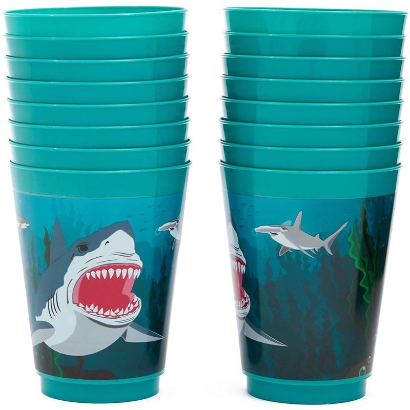 Blue Panda 16 Packs Plastic 16 oz Party Cups Shark Theme Reusable Tumblers for Boys Kids Birthday, Blue, 5 of 6