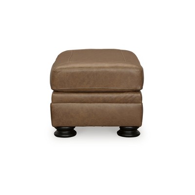 Traditional Caramel Brown Leather Ottoman with Turned Legs