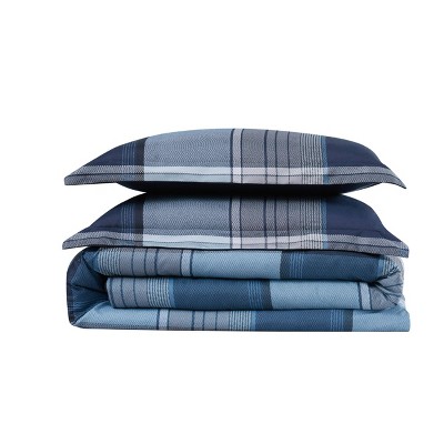 Twin XL Blue and Gray Plaid Microfiber Duvet Set