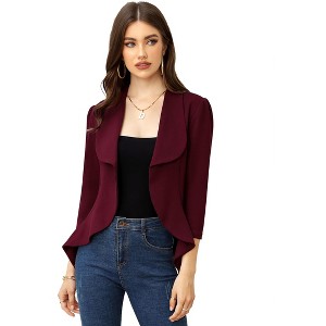 Women's Spring Fall Casual Blazers Puff Sleeve 3/4 Sleeve Solid Jackets Lapel Open Front Irregular Hem Work Suit Office Blazer - 1 of 4