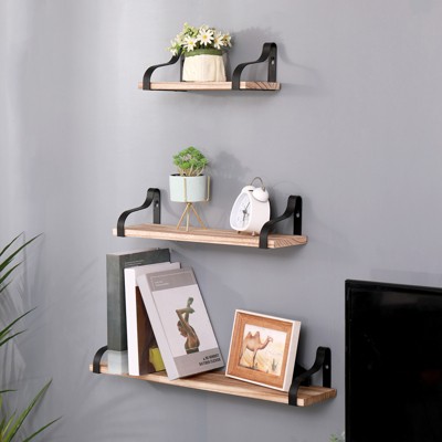 Vynxaria Floating Shelves, Long Wall Shelves Set of 3, Wall Mounted Shelves with Brackets,Natural Wood