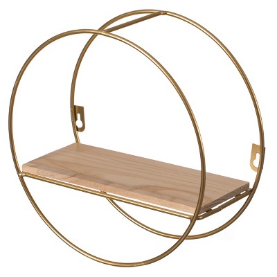 Fabulaxe Modern Decorative Round Accent Floating Shelf Circle Decor Display Wall Mounted Rack with Metal Frame and Pine Wood Shelf