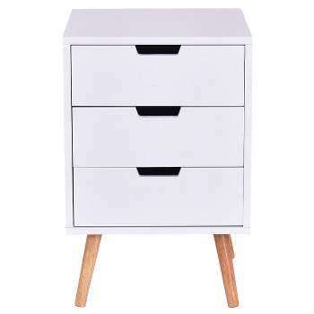 Costway White Side End Table Nightstand w/ 3 Drawers Mid-Century Accent Wood Furniture