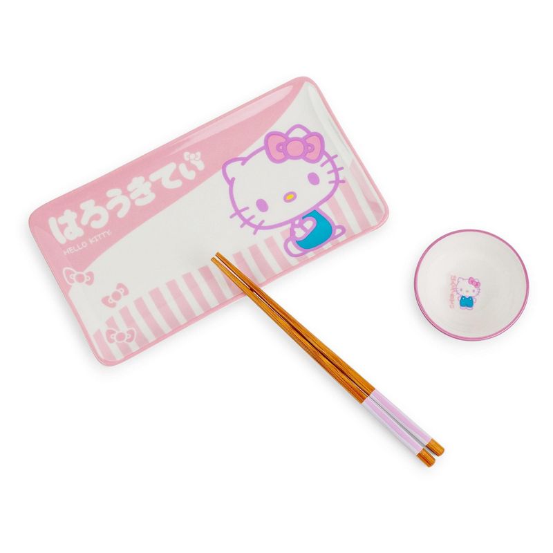 Silver Buffalo Sanrio Hello Kitty Pink 3-Piece Ceramic Sushi Set With Sauce Bowl and Chopsticks, 1 of 7