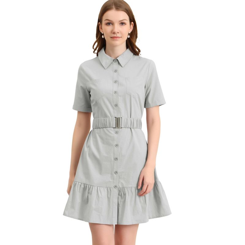 Allegra K Women's Belted Ruffled Hem Button-Down Cotton Safari Shirt Dress, 1 of 6