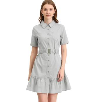Allegra K Women's Belted Ruffled Hem Button-Down Cotton Safari Shirt Dress