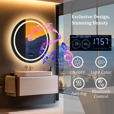 32in Round Bluetooth LED Bathroom Mirror Bluetooth Smart Light up Mirrors, 3 Colors, Defog