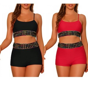 INSPIRE CHIC Women's Contrast Color High Waisted Scoop Neck Swimsuit Bathing Suit 2 Sets - 1 of 4