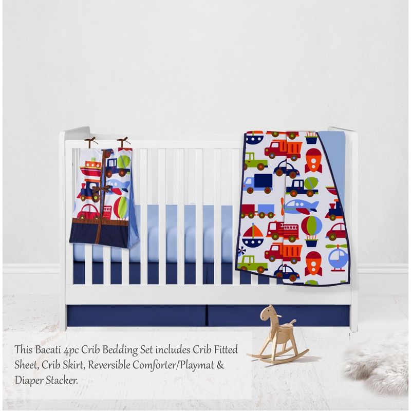 Bacati - Transportation Blue Navy Green Red Orange 4 pc Crib Bedding Set with Diaper Caddy, 3 of 9