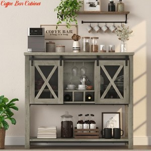 Entryway Coffee Bar Cabinet w/Sliding Barn Doors, Farmhouse Console Table w/ Stemware & Wine Racks, Sideboard Buffet Cabinet - 1 of 4