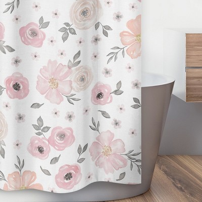 Blush Pink and Grey Watercolor Floral Fabric Shower Curtain