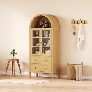 71" Tall Arched Farmhouse Cabinet w/ Glass Doors, 2 Drawers & Adjustable Shelves for Kitchen, Dining Room Storage, Natural Color - 1 of 4