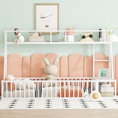 CAVINAS Twin/Full Size Kids Montessori Bed with Safety Fence,Floor Bed with Desk and Storage Shelves,Toddler bed for Bedroom,Off-White/Black