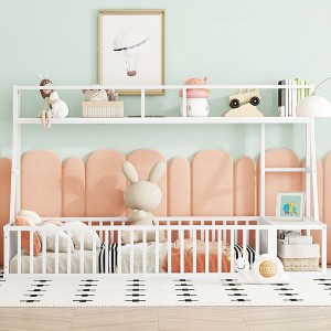 NicBex Twin/Full Size Kids Montessori Bed with Safety Fence,Floor Bed with Desk and Storage Shelves,Toddler bed for Bedroom,Off-White/Black - 1 of 4