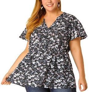 Agnes Orinda Women's Plus Size Chiffon Smocked Waist Peplum V Neck Short Sleeve Casual Floral Blouses - 1 of 4