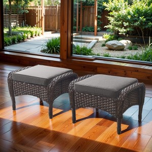 POCASSY Outdoor Ottomans Set of 2 with Cushion, Brown Wicker Patio Footrest with All Weather Wicker Rattan - 1 of 4
