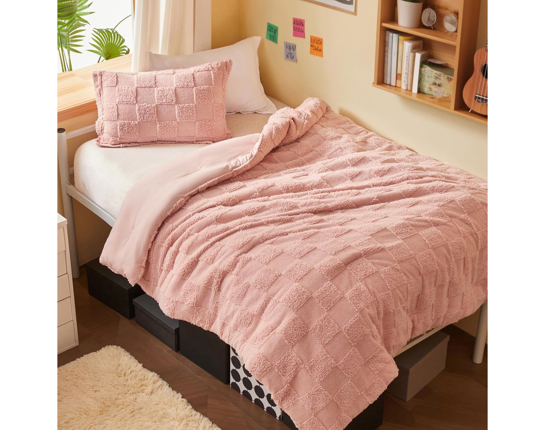 Joyfy Tufted Comforter Set, 2 Pieces Coral Pink Boho Twin Bedding Set, Includes Plaid Geometric Comforter and Pillow Sham, All Seasons