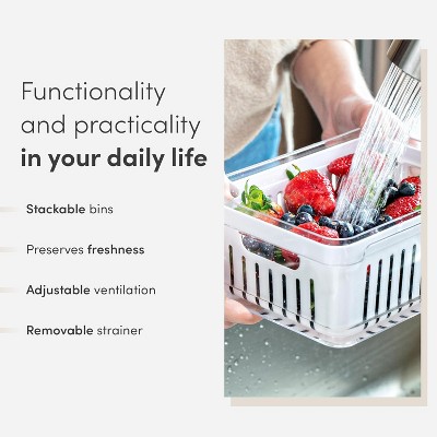 OU Fridge Organizer Bin with Drain Basket & Vented Lid, 5.3qt Clear Stackable Refrigerator Storage Bin, Produce Kitchen Storage Container, BPA Free — фото 7