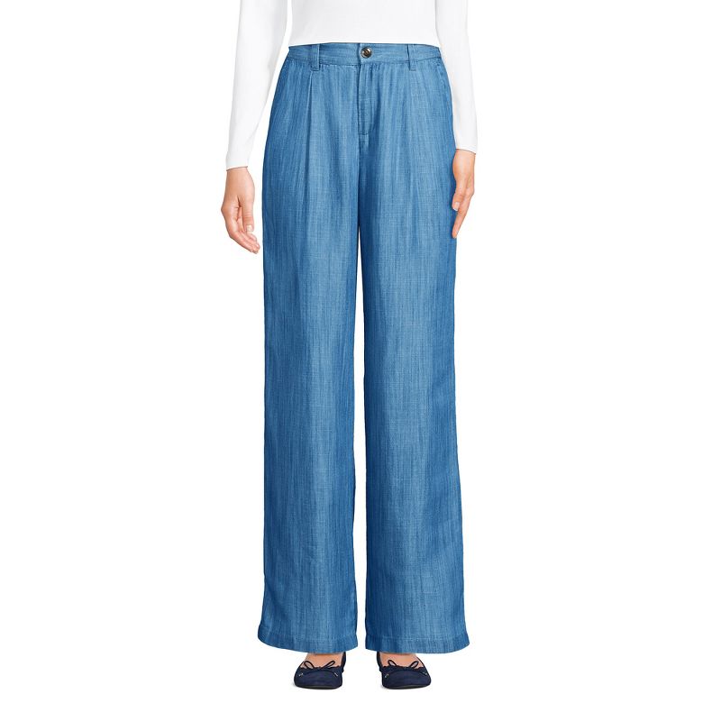 Lands' End Women's High Rise Elastic Back Pleated Wide Leg Pants made with TENCEL Fibers, 1 of 4