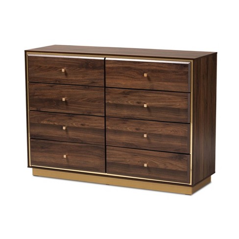 Cormac Wood And Metal 8 Drawer Dresser Walnut Brown gold Baxton