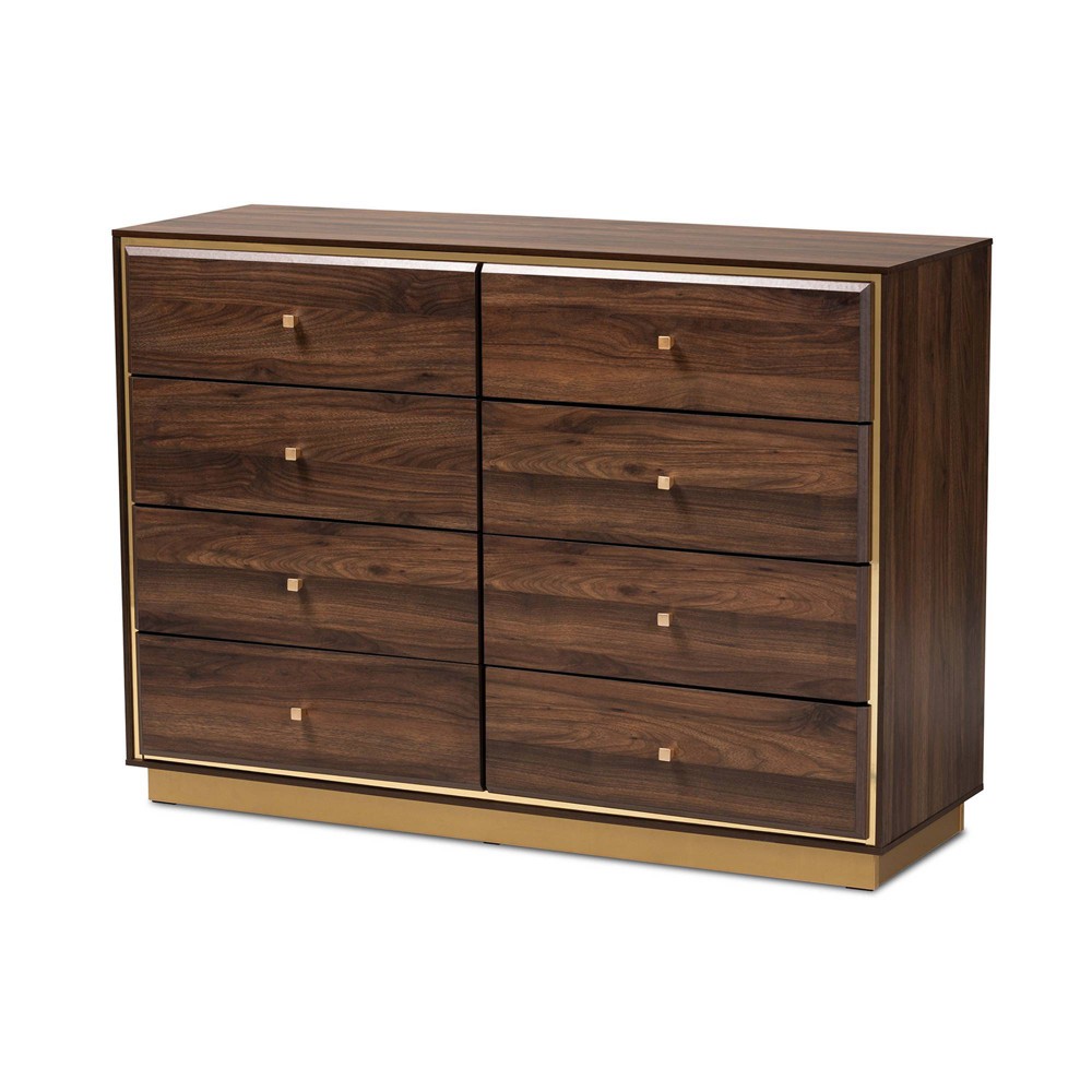 Photos - Dresser / Chests of Drawers Cormac Wood and Metal 8 Drawer Dresser Walnut Brown/Gold - Baxton Studio