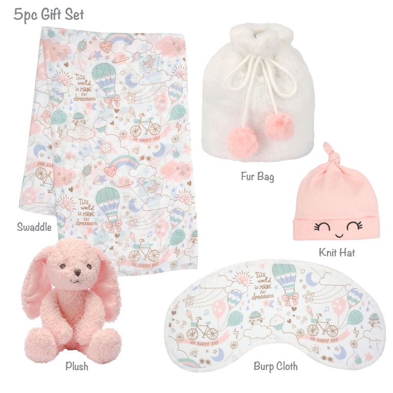 Lambs & Ivy 5 Piece Pink/White Bunny Infant/Newborn Baby Gift Set w/ Swaddle, 2 of 10