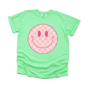 Simply Sage Market Women's Pink Checker Smiley Face Short Sleeve Garment Dyed Tee - 1 of 4