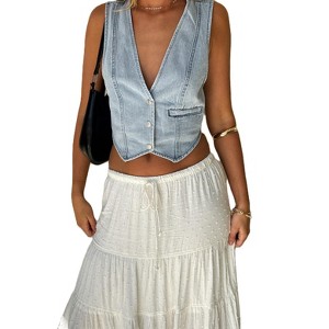 Womens Denim Vest Sleeveless V neck Jean Suit Waistcoat Button Down Tank Tops Fashion Casual Sleeveless Jacket - 1 of 4