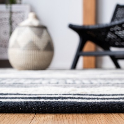 Black and Ivory Striped Wool Cotton Square Rug