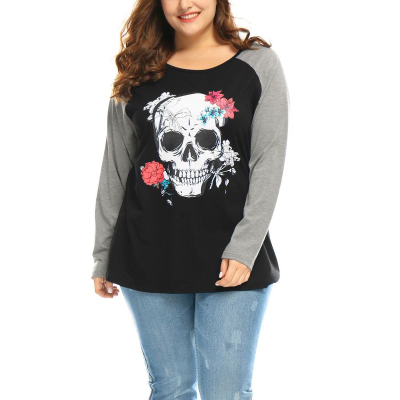 Agnes Orinda Women's Plus Size Floral Skull Contrast Color Raglan T-shirt, 4 of 6