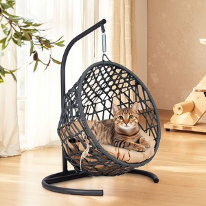 Cat Swing Bed with Stand & Cushion, Cat Egg Chair with Rattan Wicker Appearance, Indoor Hanging Swinging Cat Bed - 1 of 4