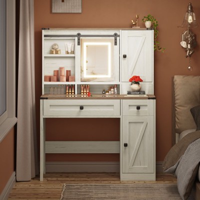 EROMMY Farmhouse Vanity Desk With Mirror And Lights, Western Vanity With Jewelry Storage & Power Outlet, Tempered Glass Top & Sliding Mirror