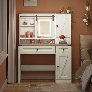 EROMMY Farmhouse Vanity Desk With Mirror And Lights, Western Vanity With Jewelry Storage & Power Outlet, Tempered Glass Top & Sliding Mirror - 1 of 4