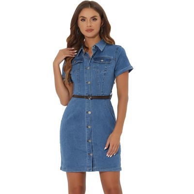 Allegra K Women's Collar Roll Up Short Sleeve Belted Button-Up Denim Shirt Dresses