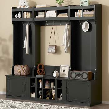 82.6"W Hall Tree with Storage and Bench, 4-IN-1 Multi-functional Entryway Bench with Coat Rack and Shoe Cubbies - ModernLuxe