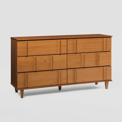 Saracina Home Modern Vertical Accent Solid Wood 6 Drawer Double Dresser Caramel