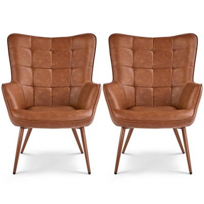 Yaheetech Set of 2 Mid-century Tufted High Back Faux Leather Accent Chair with Wood-tone Metal Leg for Living Room Bedroom Apartment