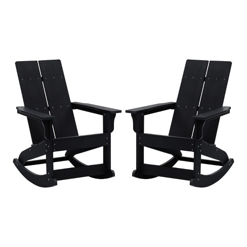 Emma and Oliver Set of 2 Modern All Weather Black Poly Resin Adirondack Rocking Chairs for Indoor Outdoor Use