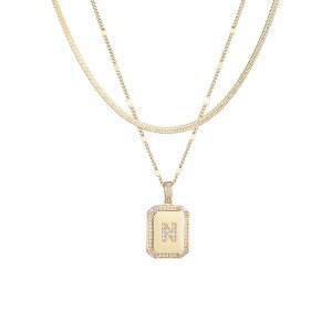 Adornia 14k Gold Plated Pave Tag Pendant and Herringbone Chain Necklace Set - 1 of 3