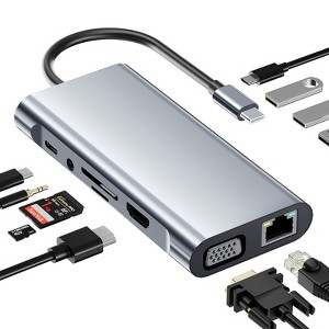 SUGIFT USB C HUB, USB C Adapter 11 in 1 Dongle with 4K HDMI, VGA, Type C PD, USB3.0, RJ45 Ethernet, SD/TF Card Reader, 3.5mm AUX - 1 of 4