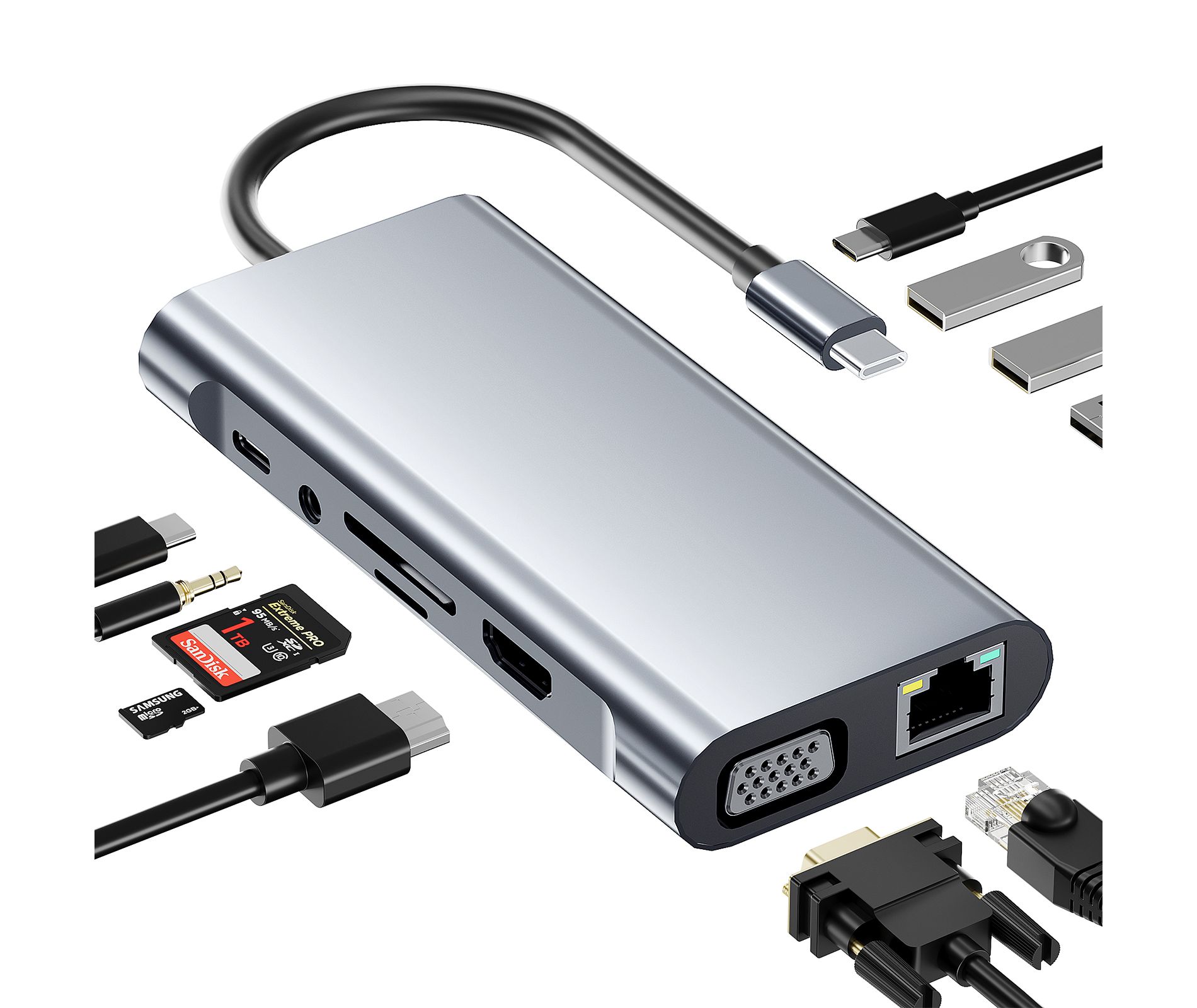 SUGIFT USB-C Hub, USB C Adapter 11 in 1 Dongle with 4K HDMI, VGA, Type C PD, USB3.0, RJ45 Ethernet, SD/TF Card Reader, 3.5mm AUX