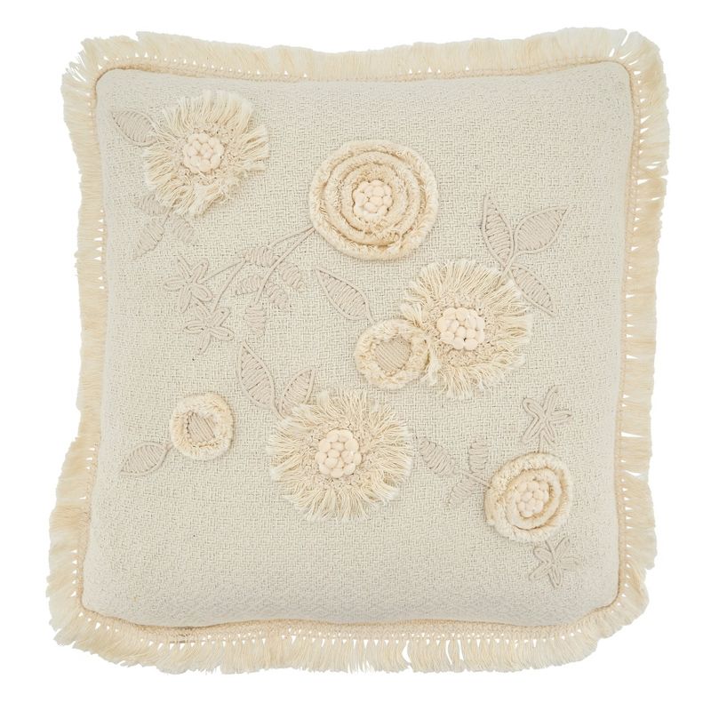 Saro Lifestyle Saro Lifestyle Cotton Pillow Cover With Flower Applique Design, Ivory, 18", 1 of 4