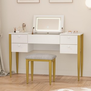 3-in-1 Small Vanity Desk with Flip Top Mirror and LED Lights, Makeup Vanity Table Set with 5 Drawers, Adjustable Lighting Modes and Cushioned - 1 of 4