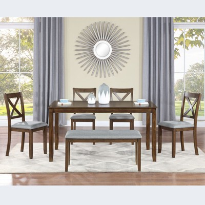 CAVINAS 58.5" Dining Table Set for 6 Rectangular Wood Dining Table with 4 Upholstered Chairs and a Bench