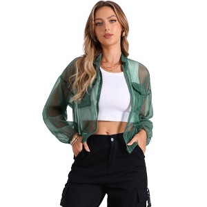 INSPIRE CHIC Women's Zip-Up Long Sleeve See-Through Bomber Jacket - 1 of 4