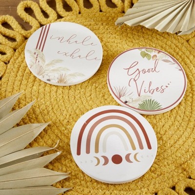 Boho Ceramic Round Coaster Set with Metal Holder, 4 Inches