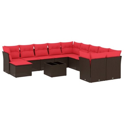 vidaXL 12 Piece Patio Sofa Set with Cushions Brown and Red Poly Rattan - With Table